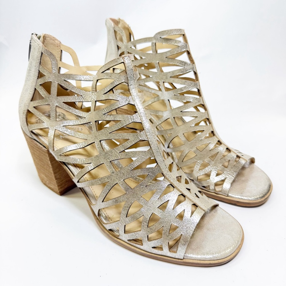 Vince Camuto Metallic Cutout Block Heel Sandals in Gold size 9.5M